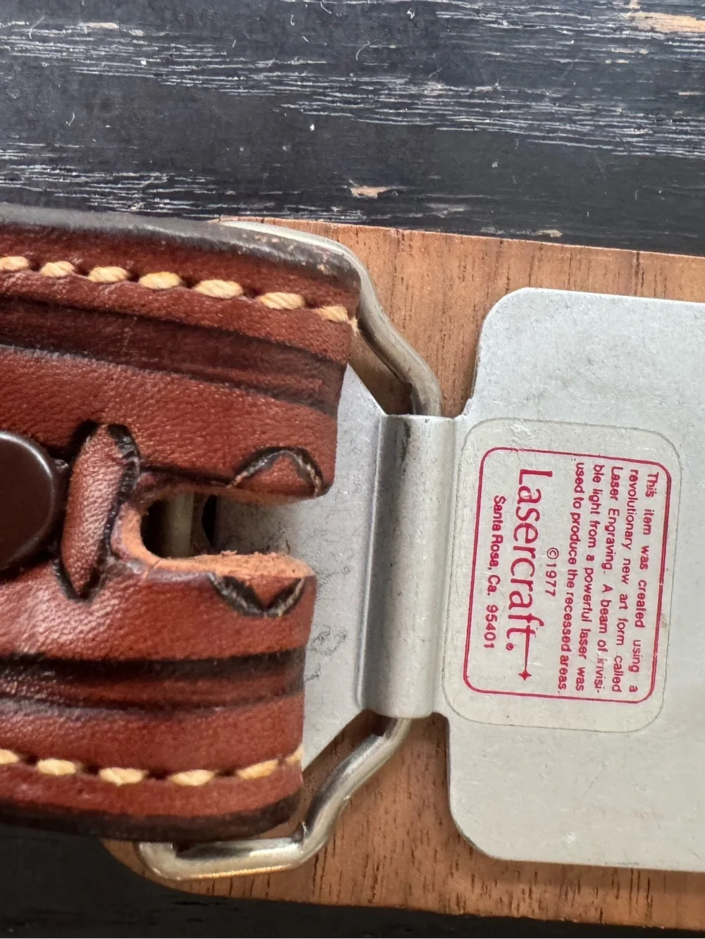 Vintage 1977 Wood Brown Cowhide Leather Men’s Belt with Ship Laser Craft Size 32